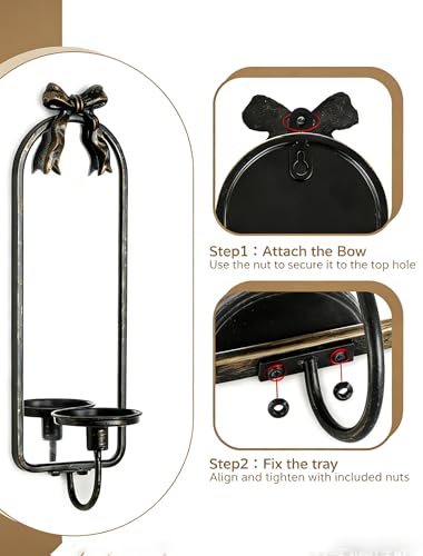 Mirror Wall Candle Sconces Set of 2: Black Metal Frame with Bow - color: Black&gold