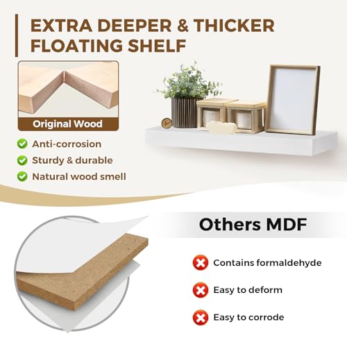 Solid Wood Floating Shelves, 17 Inch Wall Shelves, Set of 2, White - color: White, size: 17x8x1.6