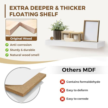 Solid Wood Floating Shelves, 17 Inch Wall Shelves, Set of 2, White - color: White, size: 17x8x1.6