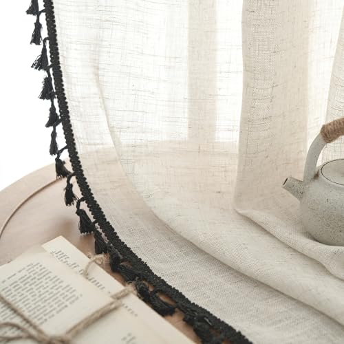 Boho Country Style Curtains, W40 x L96, Black Tassels, 2 Panels - color: Black, size: 40"W x 96"L (Pack of 2)