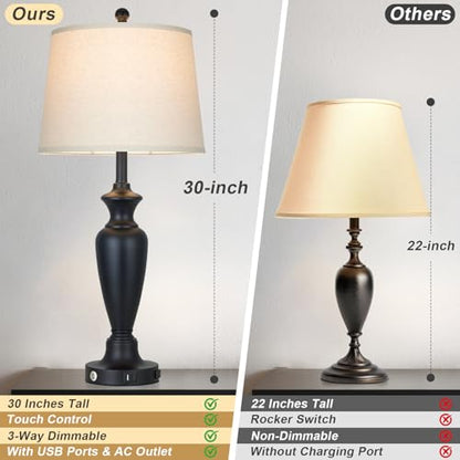 Black Table Lamp for Living Room Single, 30″ Tall Touch Control Bedside Lamp for Bedroom, 3-Way Dimmable Nightstand Lamp with USB A+C Ports and AC Outlet (1 Pack) - color: Black - 30"H - 1 Pack