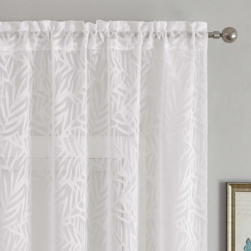 OVZME Short White Sheer Curtains 24 inch Length 2 Panels Set, Textured Soft Airy Elegant Leaf Jacquard Kitchen Curtains Tier for Bathroom Bedroom Living Room Small Windows, 2x28Wx24L Inches - color: White, size: 28"W x 24"L (Pack of 2)