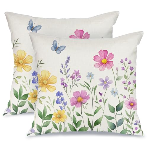 AACORS Spring Pillow Cover 18X18 Set of 2,Flower Butterfly Decorations Farmhouse Seasonal Summer Pillow Case Decor for Sofa Couch AA056-18-2 - size: 18" x 18" (Pack of 2)