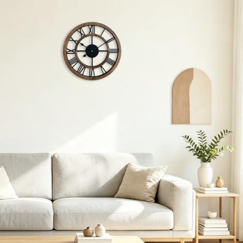 16 Inch Rustic Wall Clock Silent Non-Ticking Wooden Wall Clocks with Roman Numerals Farmhouse Decorative Clock for Living Room Bedroom Office (Brow) - color: Brown, size: 16 Inch
