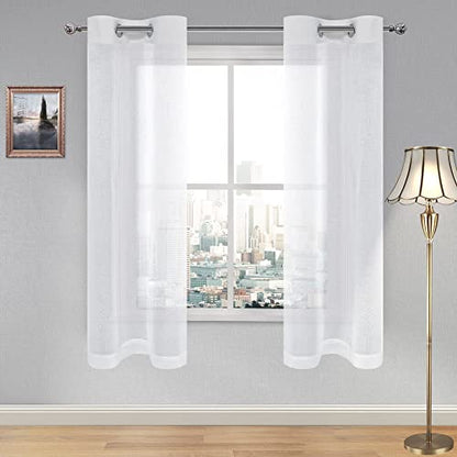 DWCN White Faux Linen Sheer Curtains - Grommet Voile Window Curtain Drapes for Bedroom Living Room 28 x 63 inch Length, Set of 2 - color: White, size: 28"W x 63"L (Pack of 2)