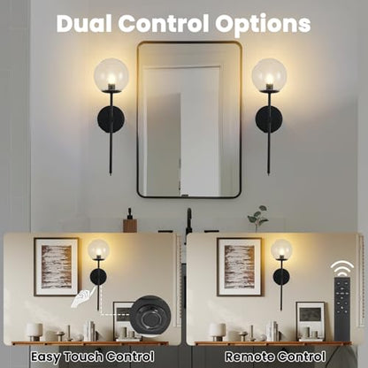 Globe Battery Operated Sconce Set of 2 with Clear Glass Lampshade - color: Black-Clear