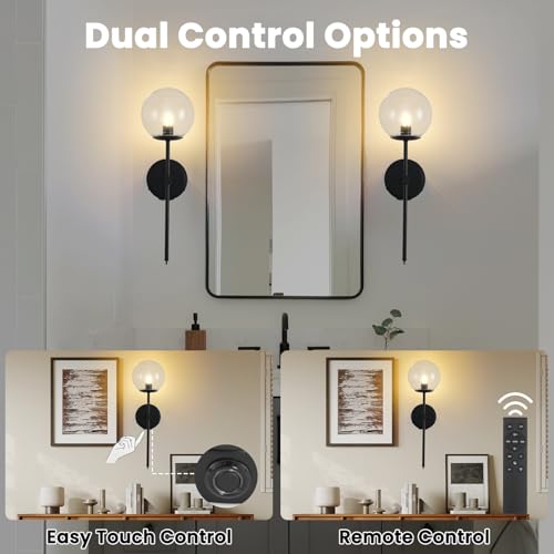 Globe Battery Operated Sconce Set of 2 with Clear Glass Lampshade - color: Black-Clear