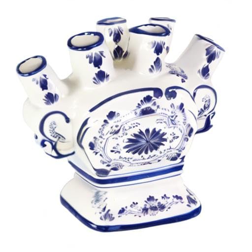 Home-X Ceramic Flower Vase – 6-Port Bud Ivory Vase – Unique Decorative Flower vase for Living Room, Bedroom, Kitchen, or Office (White & Blue)