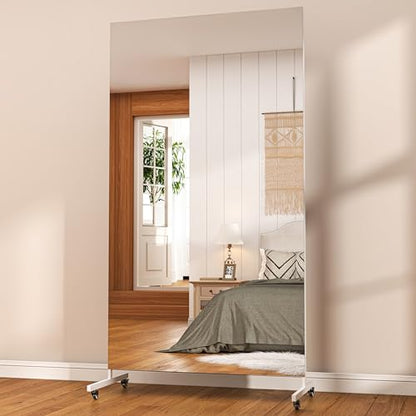 Hasipu 71" x 32" Large Full Length Rolling Mirror with Wheels, White - size: 71"L x 32"W