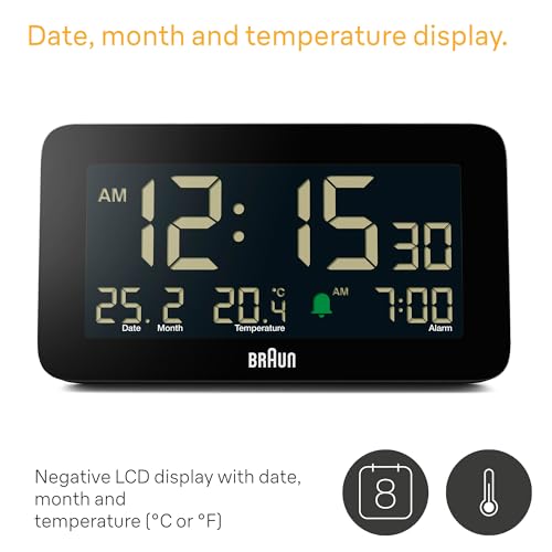 Braun Digital Alarm Clock with Date, Month and Temperature Displayed, Negative LCD Display, Quick Set, Crescendo Beep Alarm in Black, Model BC10B (1-Pack) - color: Black