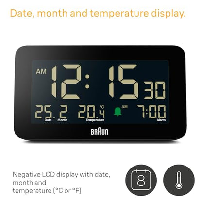 Braun Digital Alarm Clock with Date, Month and Temperature Displayed, Negative LCD Display, Quick Set, Crescendo Beep Alarm in Black, Model BC10B (1-Pack) - color: Black