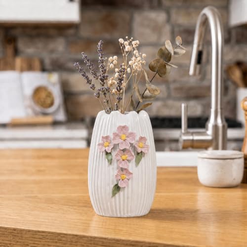 Ceramic Flower Vase, 7 Inch Small Boho Vase, White - color: White and Pink, size: 7 inch