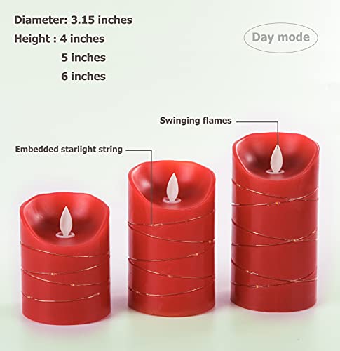 Red LED flameless Candle with Embedded Starlight String, 3 LED Candles, 10-Key Remote Control, 24-Hour Timer Function, Dancing Flame, Real Wax, Battery Powered. (Red - color: Red