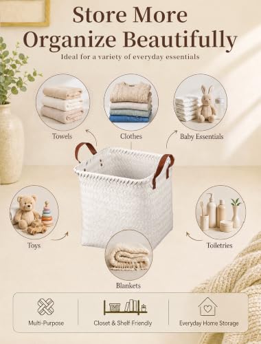 Wicker Storage Baskets, 4 Pack Woven Baskets for Shelves, White - color: Square White