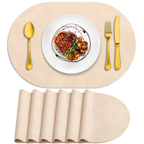 ADRIMER Oval Placemats Set of 6, Wipeable Faux Leather, Beige - color: Beige