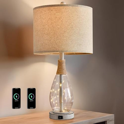 OYEARS 23" USB A+C Table Lamp for Bedroom Living Room Modern Bedside Lamps Retro Farmhouse Rattan Glass Nightstand Nightlight Lamps (White),Two Light Points - color: Antique White
