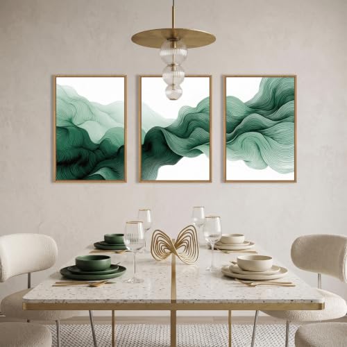 Abstract Emerald Green Waves Framed Canvas Wall Art Set-16"x24"x3 - color: Green Waves Wall Art, size: 16"Lx24"W
