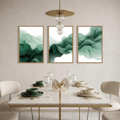 Abstract Emerald Green Waves Framed Canvas Wall Art Set-16"x24"x3 - color: Green Waves Wall Art, size: 16"Lx24"W