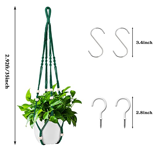 Augshy Macrame Plant Hangers Dark Green Hanging Planters for Indoor Outdoor Home Decor, Hanging Plant Holder No Tassels Set of 2 with 4 Hooks - color: Dark Green, size: 35 Inches