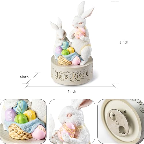 AIDLNS Christian Easter Bunny Music Box – He is Risen Religious Figurine with Cross Hope Faith Love Engraving Wind Up Music Box Play Easter Parade