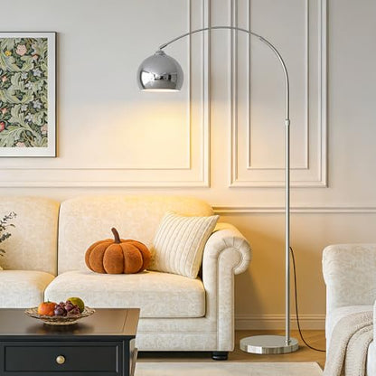 Glossy Chrome Silver Arc Floor Lamp with 12W LED Remote Dimming - color: Silver Remote Dimming