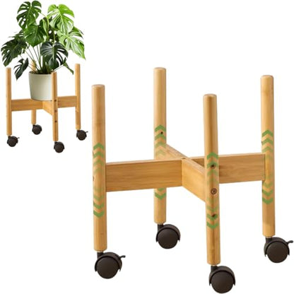 Adjustable Wooden Plant Stand with Wheels 3 Height Adjustment Fits 11.81inch Pots Mid Century Modern Outdoor & Indoor Planter Holder for Home Corner (Plants Not Included) L