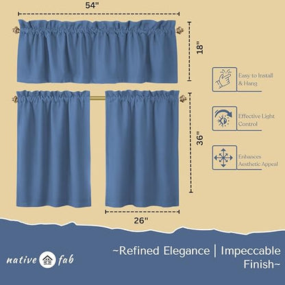 Native Fab 3 Piece Window Curtain Tiers 26"x36" and Valance 54"x18" Set - Rod Pocket - Semi Sheer - Short Curtain for Kitchen, Cafe, Living Room - Sky Blue - color: Sky Blue