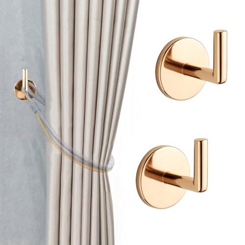 INCREWAY 2PCS Gold No Drill Curtain Hooks, Adhesive Curtain Wall Hooks for Curtain Tiebacks Towel Hanging and Indoor Home Organization - color: Gold, size: 2pcs