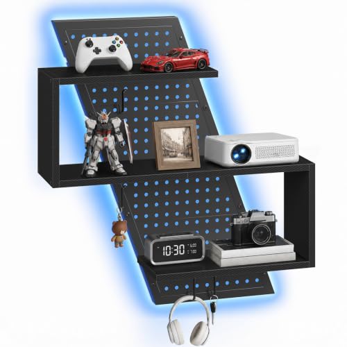 S-Shaped Gaming Floating Shelf with LED Light Strip, 3 Tier Wall Floating Shelf with Pegboard & 4 Removable Hooks, for Bedroom, Game Room, Living Room, Study, Black 999BKSDBJ180 - color: Black
