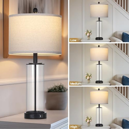 Ruzectt 26" Glass Table Lamp Single, 3-Way Dimmable Touch Control Living Room Lamp with USB C+A Ports & AC Outlet, Modern Bedside Lamps, Bedroom Lamps for Nightstand Side End Table Desk, Black-1PK - color: Black-1PK