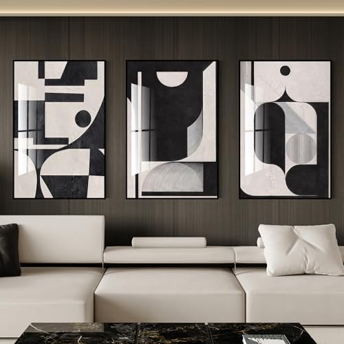 QKF 3Pcs Black White Geometric Textured Crystal Framed Canvas Wall Art Set - color: Retro Black And White, size: 20" X 28" X 3 pieces