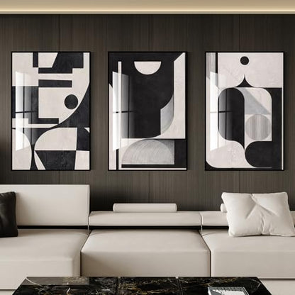 QKF 3Pcs Black White Geometric Textured Crystal Framed Canvas Wall Art Set - color: Retro Black And White, size: 20" X 28" X 3 pieces