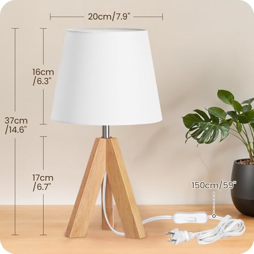 Small Tripod Table Lamp, Modern Nightstand Lamp with Fabric Shade, Boho Bedside Wood Desk Light for Bedroom, Kids Room, Living Room, Office, Study, White, W51TL05 - color: White+Natural Wood