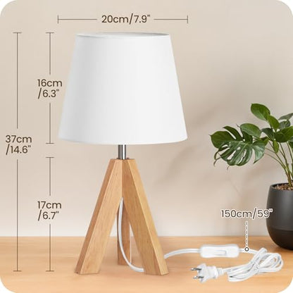 Small Tripod Table Lamp, Modern Nightstand Lamp with Fabric Shade, Boho Bedside Wood Desk Light for Bedroom, Kids Room, Living Room, Office, Study, White, W51TL05 - color: White+Natural Wood
