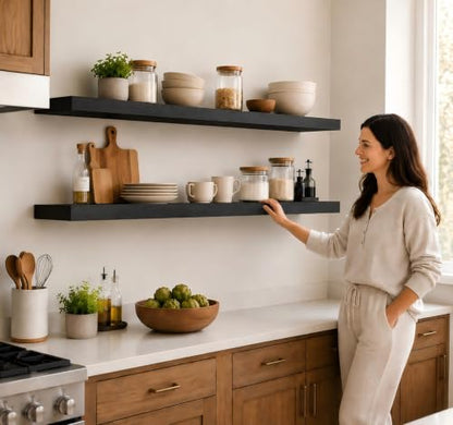 Rustic Floating Shelves 72 inch Long 8 "deep Set of 2, Heavy Duty Wood Wall Mounted Shelves for Bathroom Living Room Kitchen,Book Shelves with Thickened Hidden Bracket- Black - color: Black, size: 72'' x 8''x 2''(set of 2）