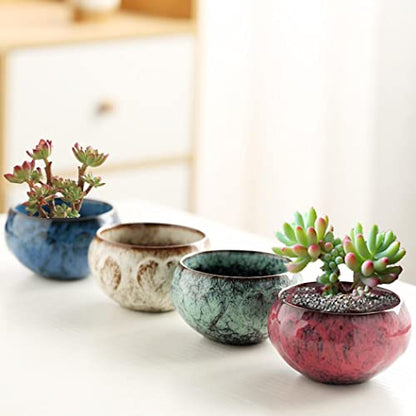 YYW 3 Inch Ceramic Plant Pot Set of 4 with Drainage and Bamboo Tray(Set 1) - color: Set 1, size: One Size