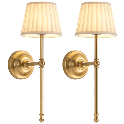 KDG Gold Cordless Wall Sconces Set of 2, Beige Fabric LED Wall Lamps - color: Gold + Beige Lampshde (2 Pack)