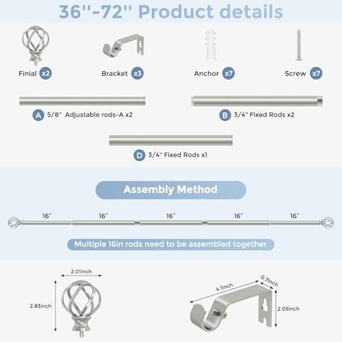 VOIIY Silver Curtain Rod 36-72 Inch, Adjustable Curtain Rods for Windows - color: Antique Silver, size: 36"-72"|1 Pack