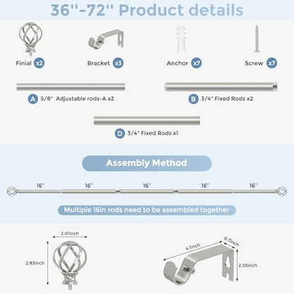 VOIIY Silver Curtain Rod 36-72 Inch, Adjustable Curtain Rods for Windows - color: Antique Silver, size: 36"-72"|1 Pack