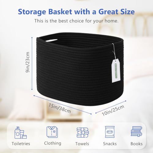 ECDYQXVU 15x10x9 Inch Woven Cotton Rope Storage Basket, Black, 2 Pack - color: Black, size: 2 Pack