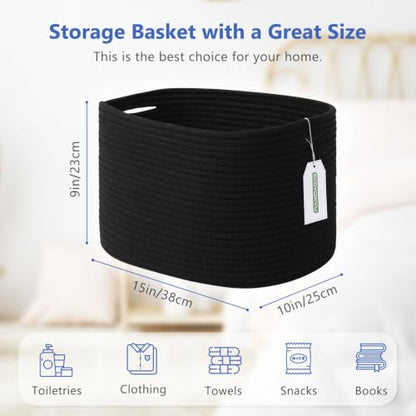 ECDYQXVU 15x10x9 Inch Woven Cotton Rope Storage Basket, Black, 2 Pack - color: Black, size: 2 Pack