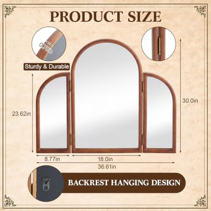 Nuanchu Wood Trifold Vanity Mirror, 36 x 24 in, Brown, Arched