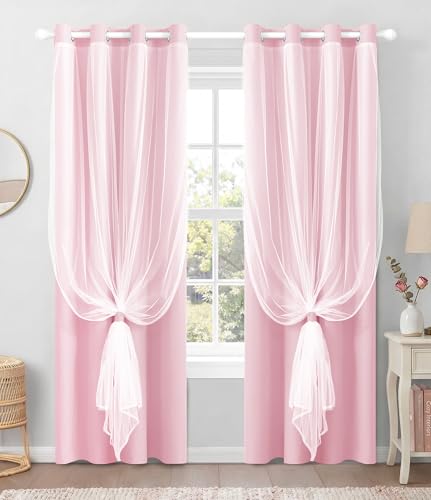100% Blackout Curtains with Sheer Overlay, Pink, 52 x 84 inch, 2 Panels - color: Pink, size: 52"W x 84"L (Pack of 2)