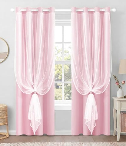 100% Blackout Curtains with Sheer Overlay, Pink, 52 x 84 inch, 2 Panels - color: Pink, size: 52"W x 84"L (Pack of 2)