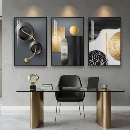 Framed Black and Gold Modern Abstract Wall Art for Living Room, 24x36 In - color: Black Gold Structure Set, size: 24" W x 36" H x 3 pieces