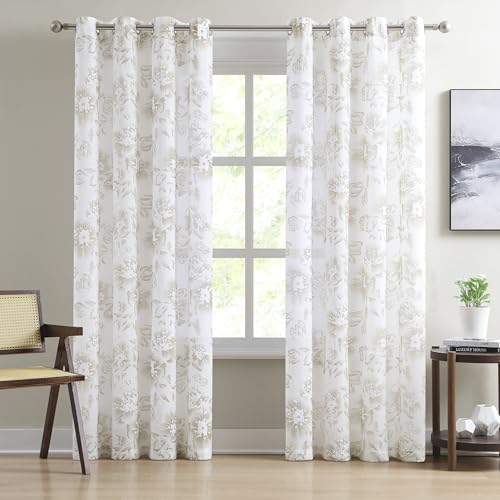 LinenZone 54x96 White Curtains with Linen Flower Print. (Flora 54x96 Linen) - color: Linen, size: 54"W x 96"L (Pack of 2)