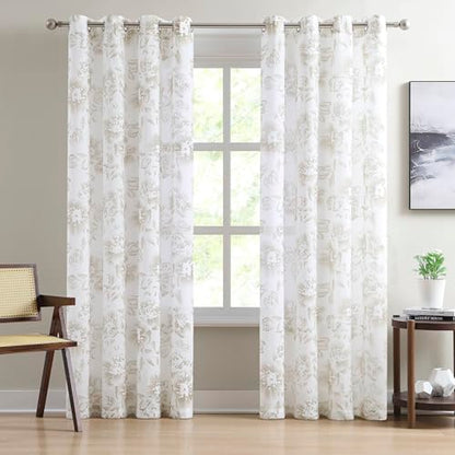 LinenZone 54x96 White Curtains with Linen Flower Print. (Flora 54x96 Linen) - color: Linen, size: 54"W x 96"L (Pack of 2)