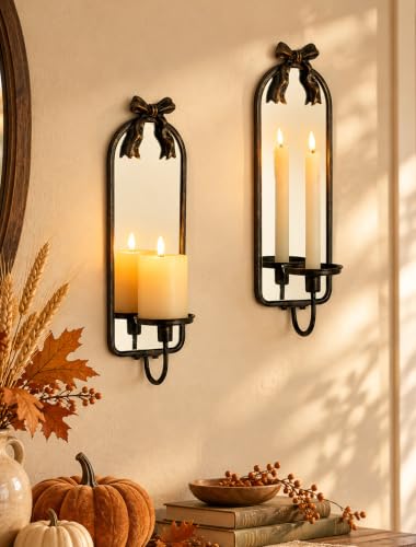 Mirror Wall Candle Sconces Set of 2: Black Metal Frame with Bow - color: Black&gold