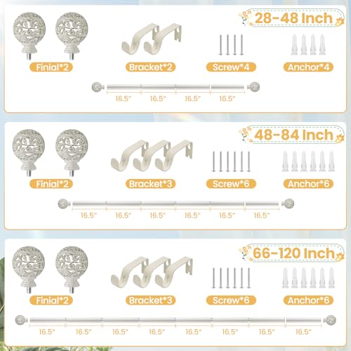 Whtie Curtain Rod 28-48 Inch Heavy Duty Branch Leaf Finial - color: Weather White, size: 28-48"