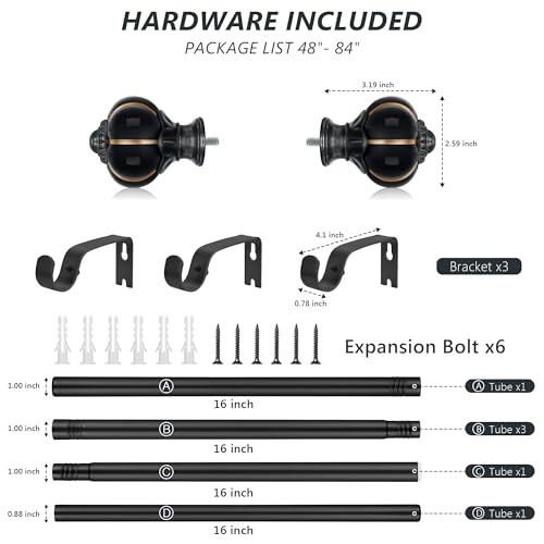 Ceramic Curtain Rods for Windows 48 to 84 Inch 1 Inch Adjustable - color: Black Black, size: 48"-84"